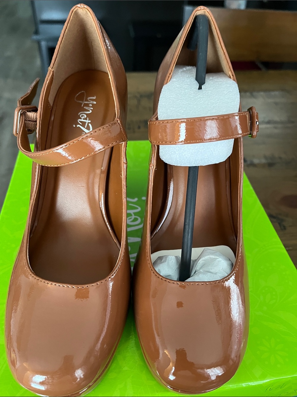 Patent Mary Jane Heels in Brown with Buckle Strap